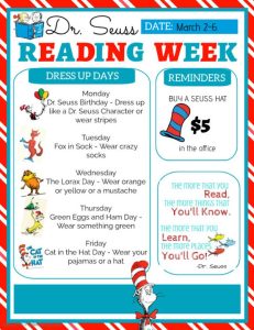 Dr. Seuss Reading Week Dress Up Days, Dr. Seuss Hats to Purchase $5.
